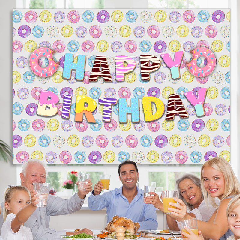 Lofaris Lovely Sweet Donuts Themed Happy Birthday Backdrop