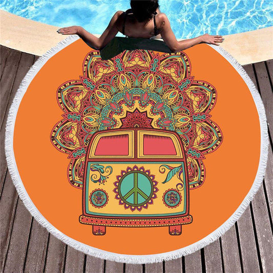 Lofaris Mandala Pattern Bus Orange Large Round Beach Towel