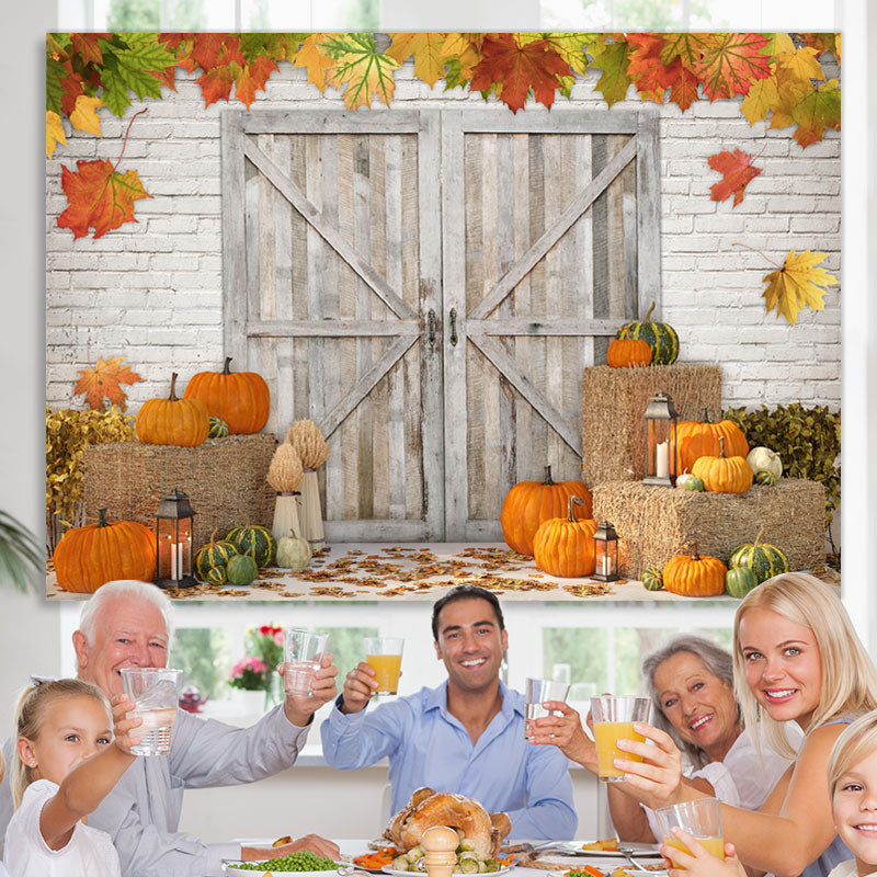 Lofaris Maple Pumpkin Brick Wall Wooden Door Autumn Backdrop