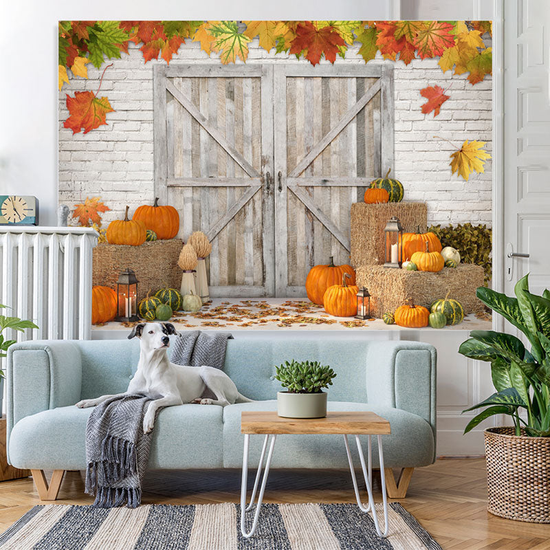 Lofaris Maple Pumpkin Brick Wall Wooden Door Autumn Backdrop