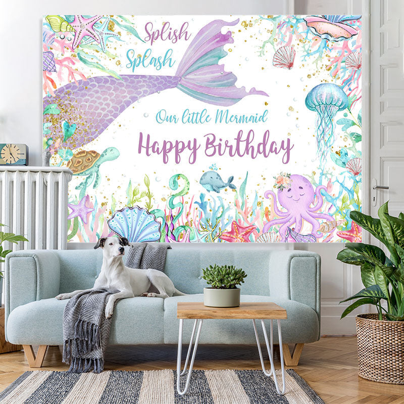 Lofaris Mermaid Under Sea World Glitter Happy Birthday Backdrop