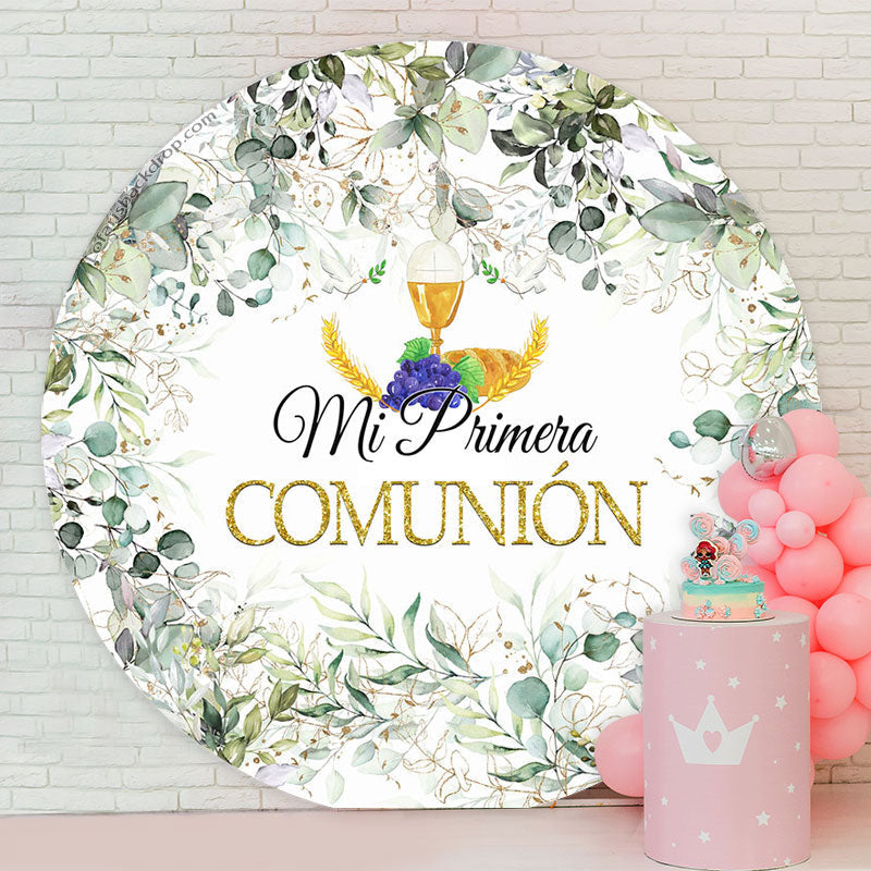 Lofaris Mi Primera Comunion Green Leaves Circle Baptism Backdrop