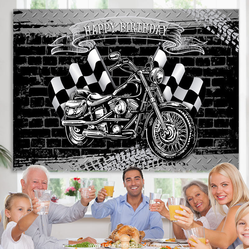 Lofaris Motorcycle With Flags Happy Birthday Backdrop For Boy