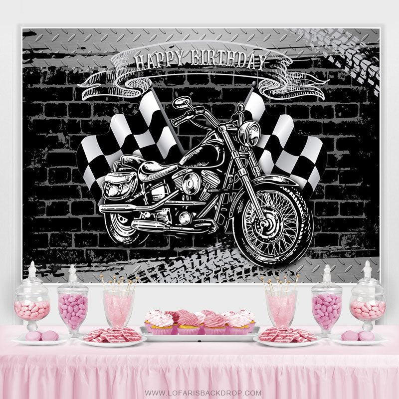 Lofaris Motorcycle With Flags Happy Birthday Backdrop For Boy