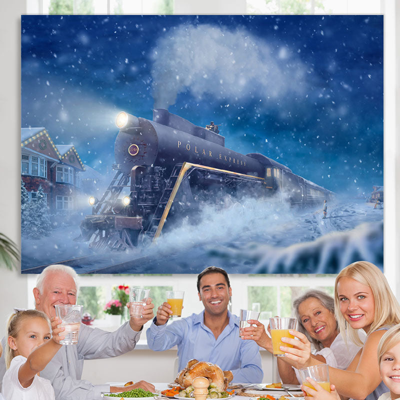 Lofaris Moving Train Snow Night Blue Winter Backdrop for Party