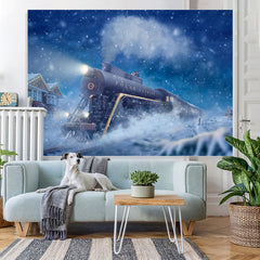 Lofaris Moving Train Snow Night Blue Winter Backdrop for Party