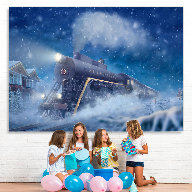 Lofaris Moving Train Snow Night Blue Winter Backdrop for Party