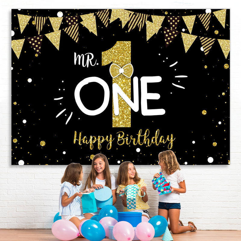 Lofaris Mr.One Black and Gold 1st Birthday Backdrop for Boy