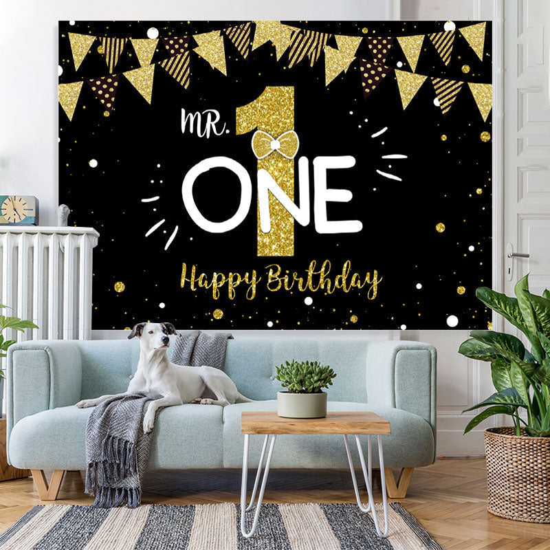 Lofaris Mr.One Black and Gold 1st Birthday Backdrop for Boy