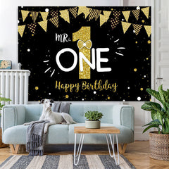 Lofaris Mr.One Black and Gold 1st Birthday Backdrop for Boy