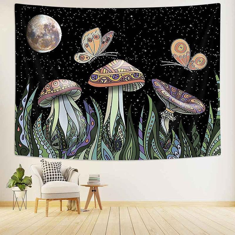 Lofaris Mushroom And Sky Galaxy Butterfly Moon Wall Tapestry