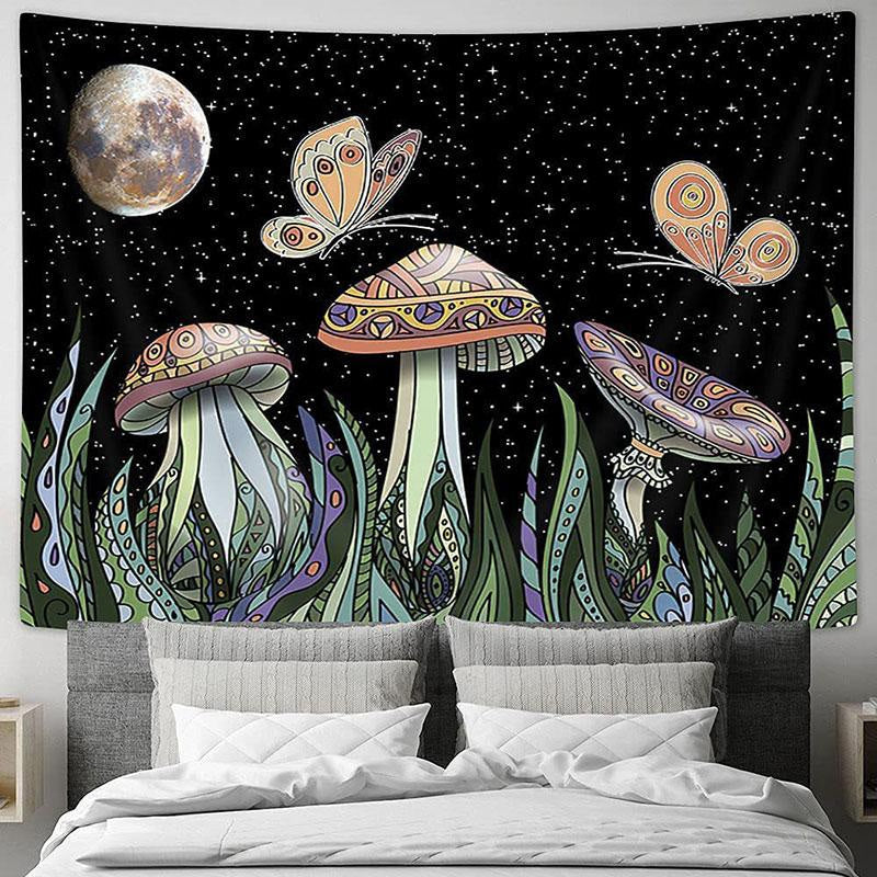 Lofaris Mushroom And Sky Galaxy Butterfly Moon Wall Tapestry