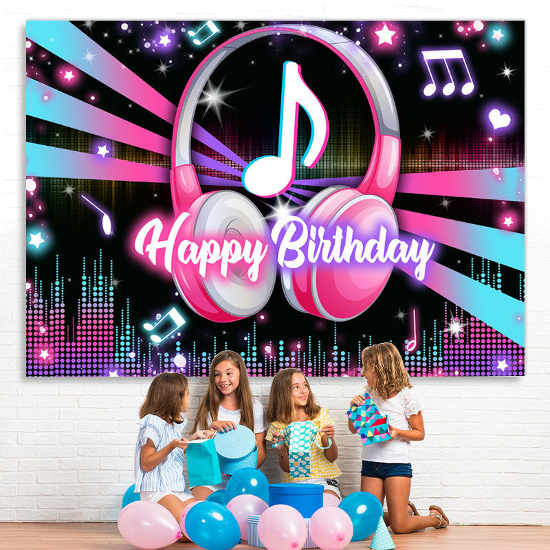 Lofaris Music Headphones Glitter Lights Happy Birthday Backdrop