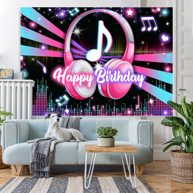 Lofaris Music Headphones Glitter Lights Happy Birthday Backdrop