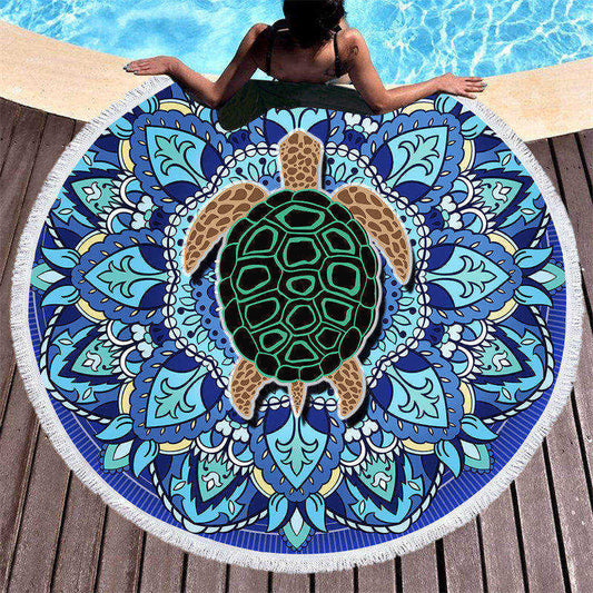 Lofaris Mystic Blue Mandala Sea Turtle Circle Beach Towel