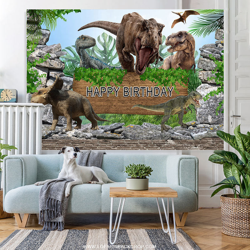 Lofaris Nature Jungle Dinosaur World Happy Birthday Backdrop