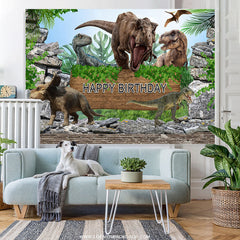 Lofaris Nature Jungle Dinosaur World Happy Birthday Backdrop