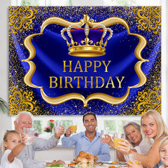 Lofaris Navy Blue And Glod Brown Crown Happy Birthday Backdrop