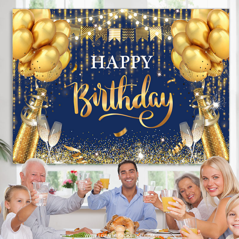 Lofaris Navy Blue And Golden Balloons Happy Birthday Backdrop