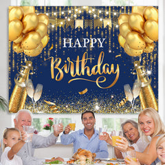 Lofaris Navy Blue And Golden Balloons Happy Birthday Backdrop