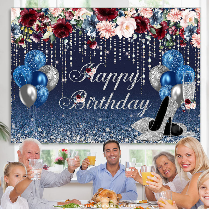 Lofaris Navy Blue And Sliver Balloons Glitter Birthday Backdrop