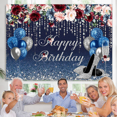 Lofaris Navy Blue And Sliver Balloons Glitter Birthday Backdrop