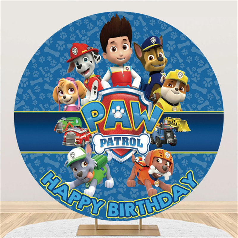 Lofaris Navy Blue Cartoon Dogs And Boy Round Birthday Backdrop