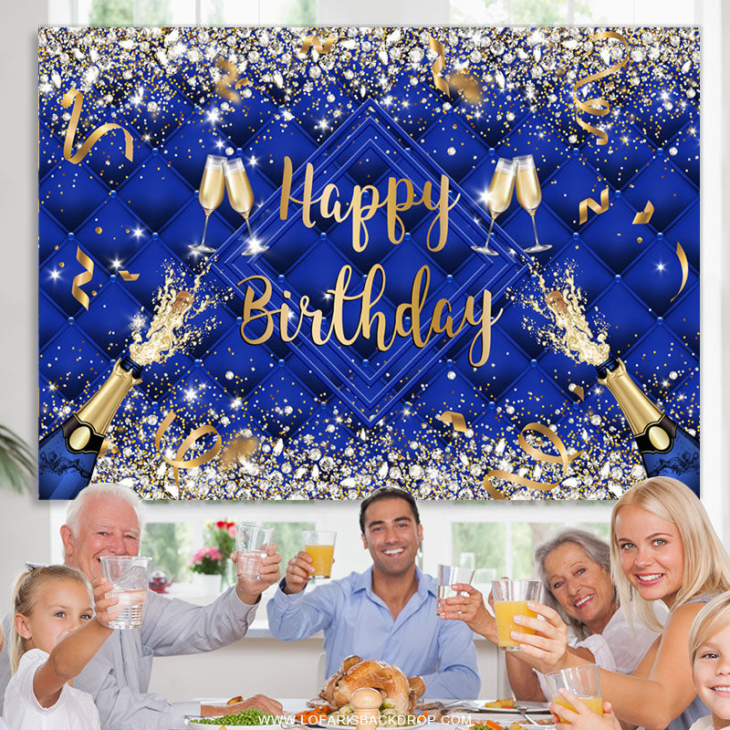 Lofaris Navy Blue Champagne Ribbion Happy Birthday Backdrop