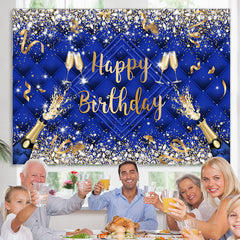 Lofaris Navy Blue Champagne Ribbion Happy Birthday Backdrop