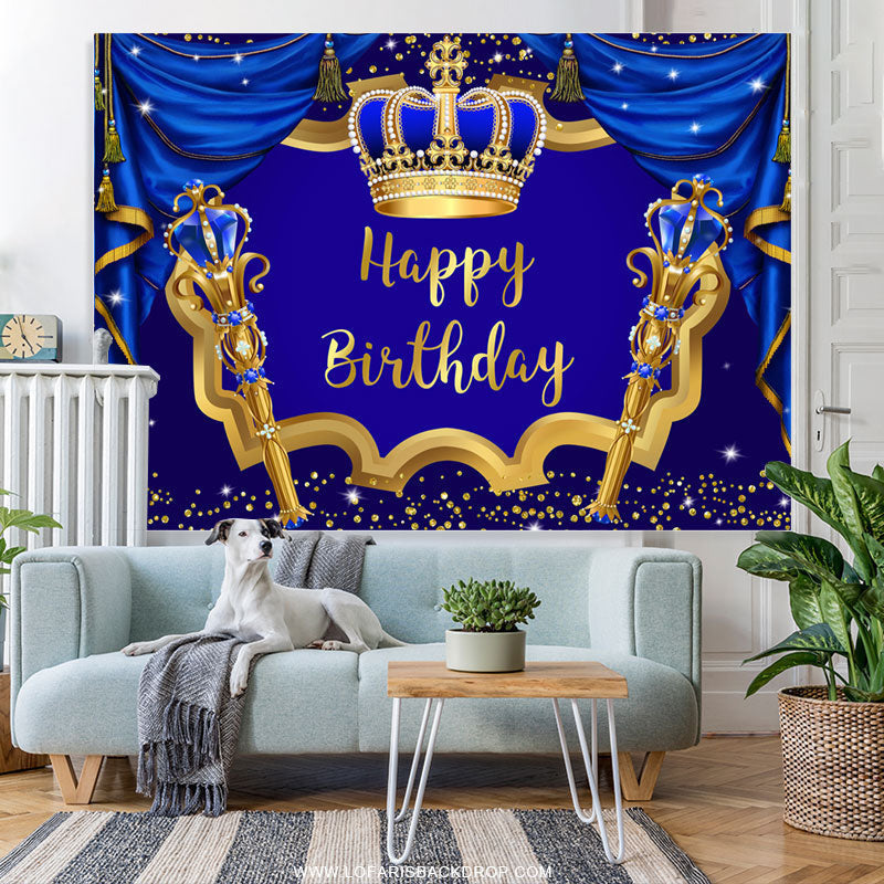 Lofaris Navy Blue Curtain Gold Crown Happy Birthday Backdrop