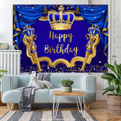 Lofaris Navy Blue Curtain Gold Crown Happy Birthday Backdrop