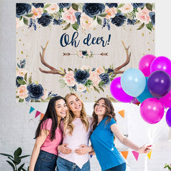 Lofaris Navy Blue Floral Oh Deer Flower Baby Shower Backdrop