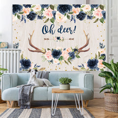 Lofaris Navy Blue Floral Oh Deer Flower Baby Shower Backdrop