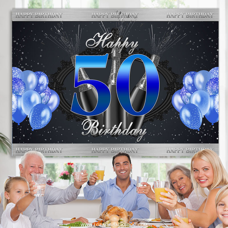 Lofaris Navy Blue Glitter Balloons Happy 50th Birthday Backdrop