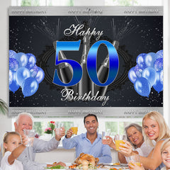 Lofaris Navy Blue Glitter Balloons Happy 50th Birthday Backdrop