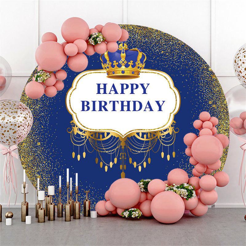 Lofaris Navy Blue Gold Crown Circle Happy Birthday Backdrop