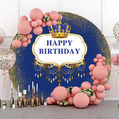 Lofaris Navy Blue Gold Crown Circle Happy Birthday Backdrop