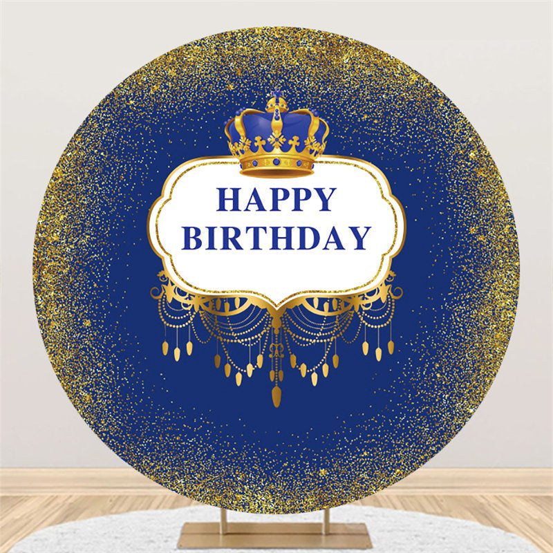 Lofaris Navy Blue Gold Crown Circle Happy Birthday Backdrop