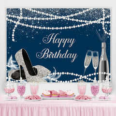 Lofaris Navy Blue Silver High Heels Happy Birthday Backdrop