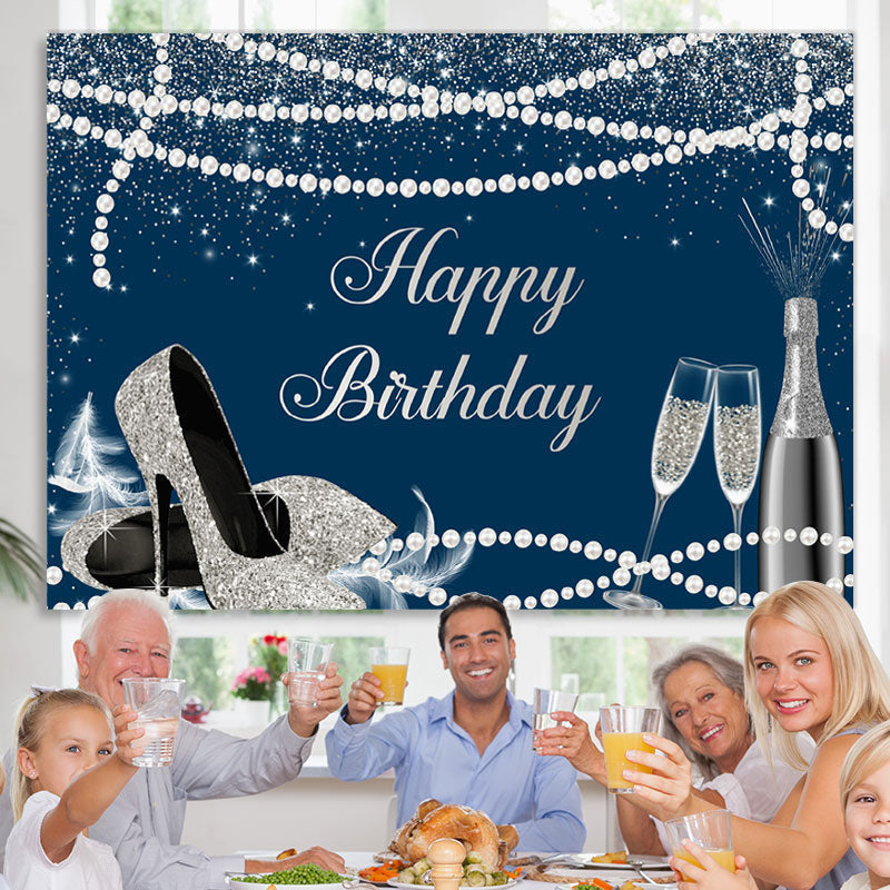 Lofaris Navy Blue Silver High Heels Happy Birthday Backdrop