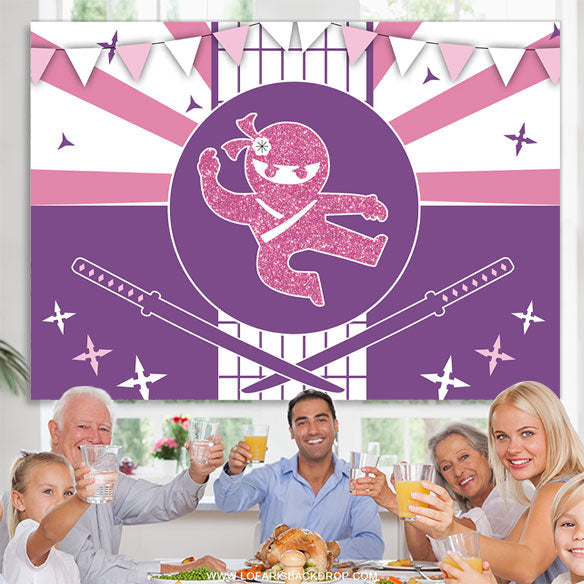 Lofaris Ninja Pink Glitter Happy Birthday Backdrop For Girls
