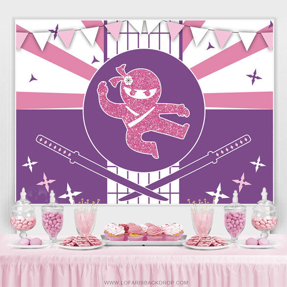 Lofaris Ninja Pink Glitter Happy Birthday Backdrop For Girls