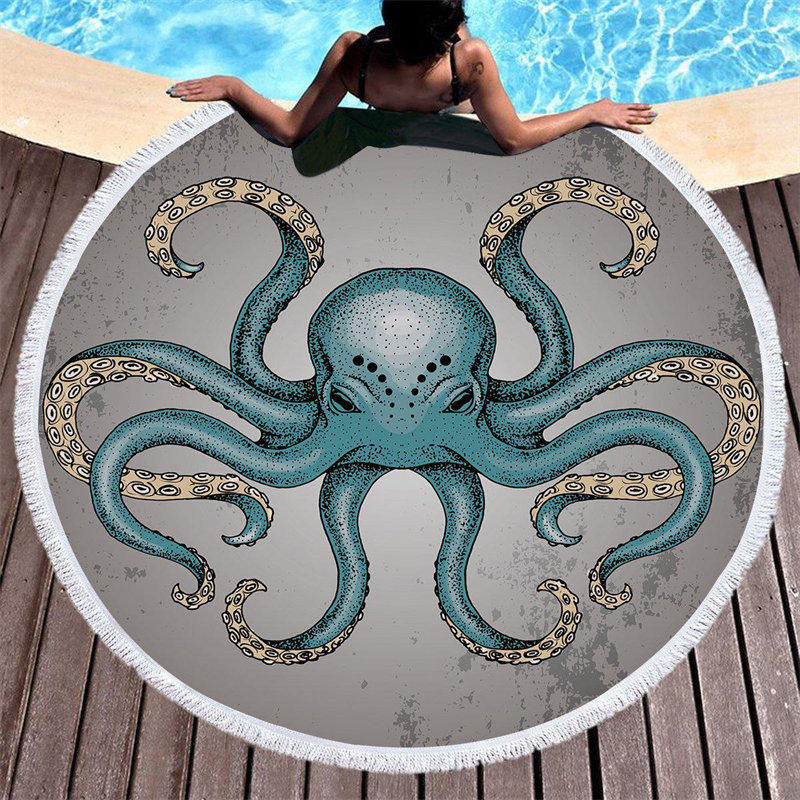 Lofaris Octopoda Grey Coastal Round Beach Towel With Fringe
