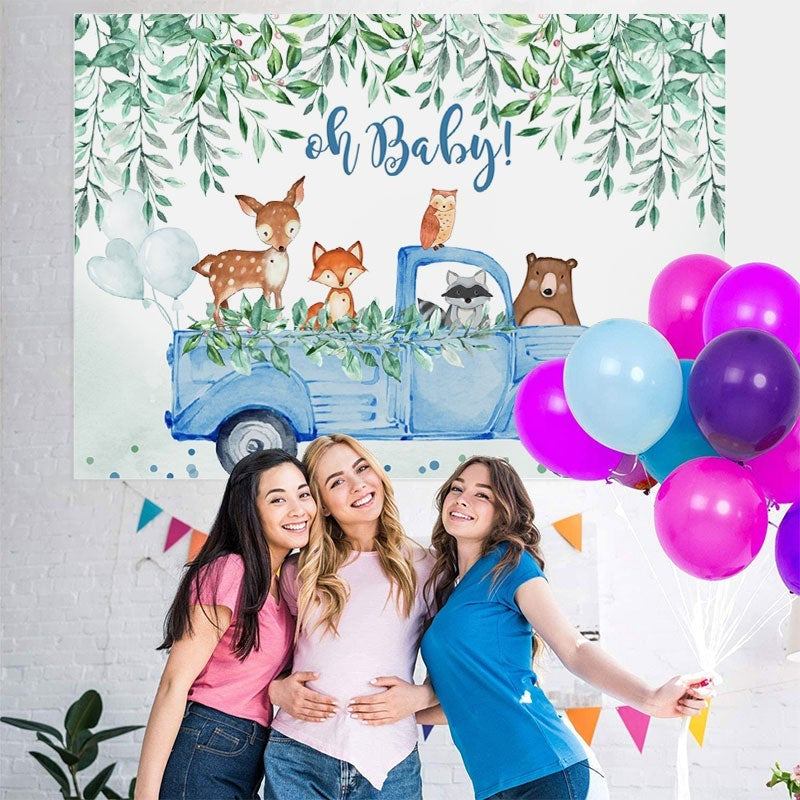 Lofaris Oh baby blue car with animals boy shower backdrop