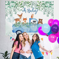 Lofaris Oh baby blue car with animals boy shower backdrop