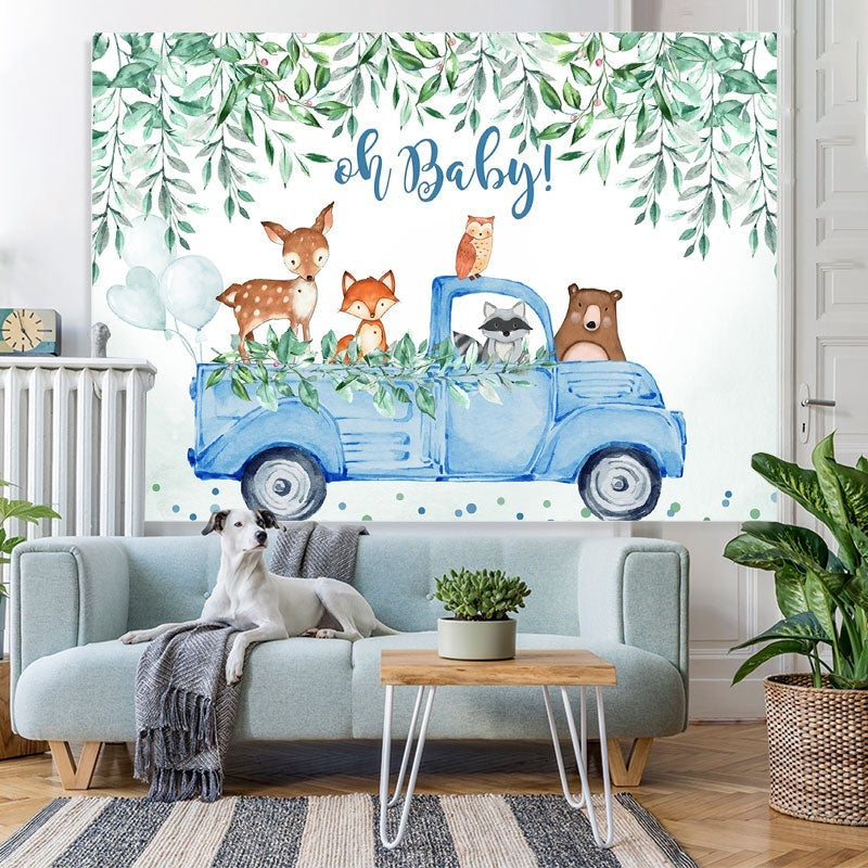 Lofaris Oh baby blue car with animals boy shower backdrop