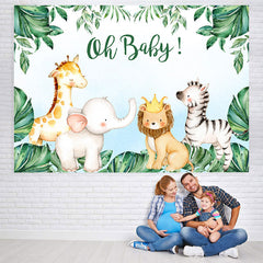 Lofaris Oh Baby Cute Animals Green Leaves Shower Backdrop