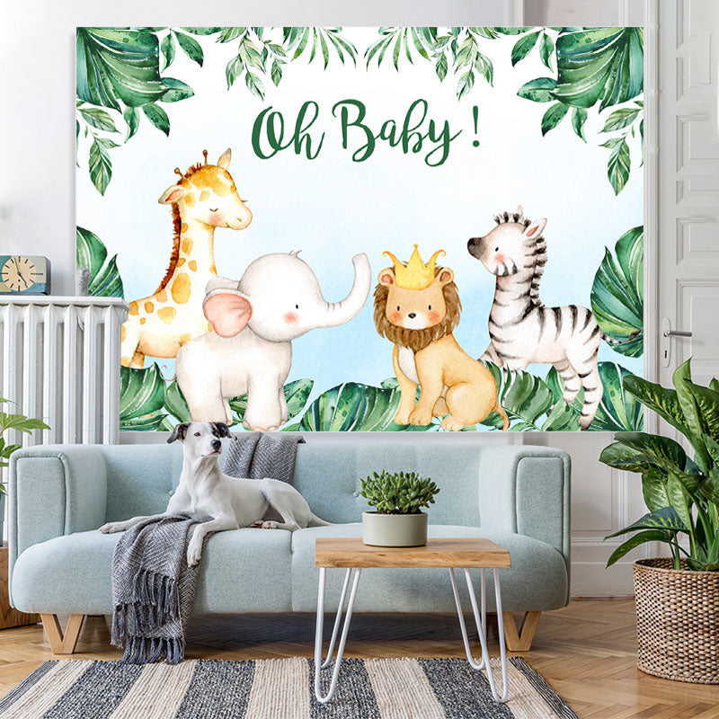 Lofaris Oh Baby Cute Animals Green Leaves Shower Backdrop