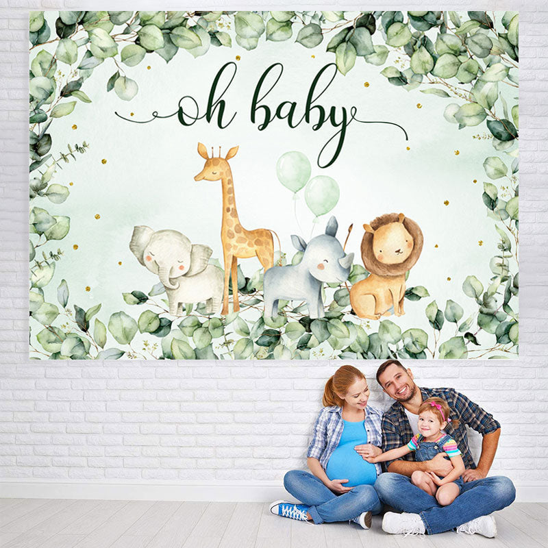Lofaris Oh Baby Green Leaves Jungle Animal Shower Backdrop