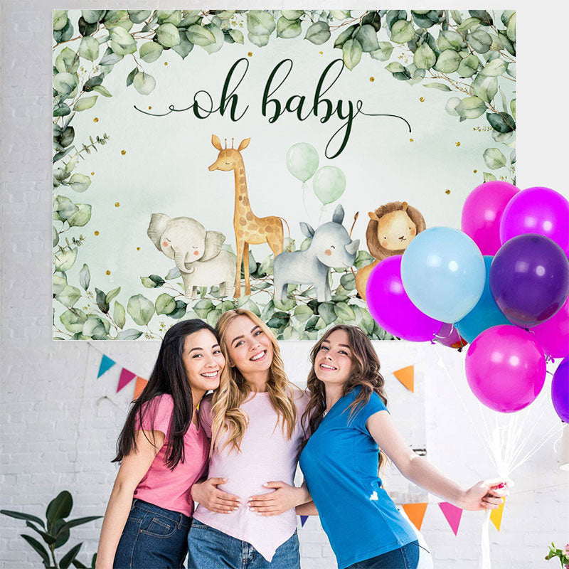 Lofaris Oh Baby Green Leaves Jungle Animal Shower Backdrop